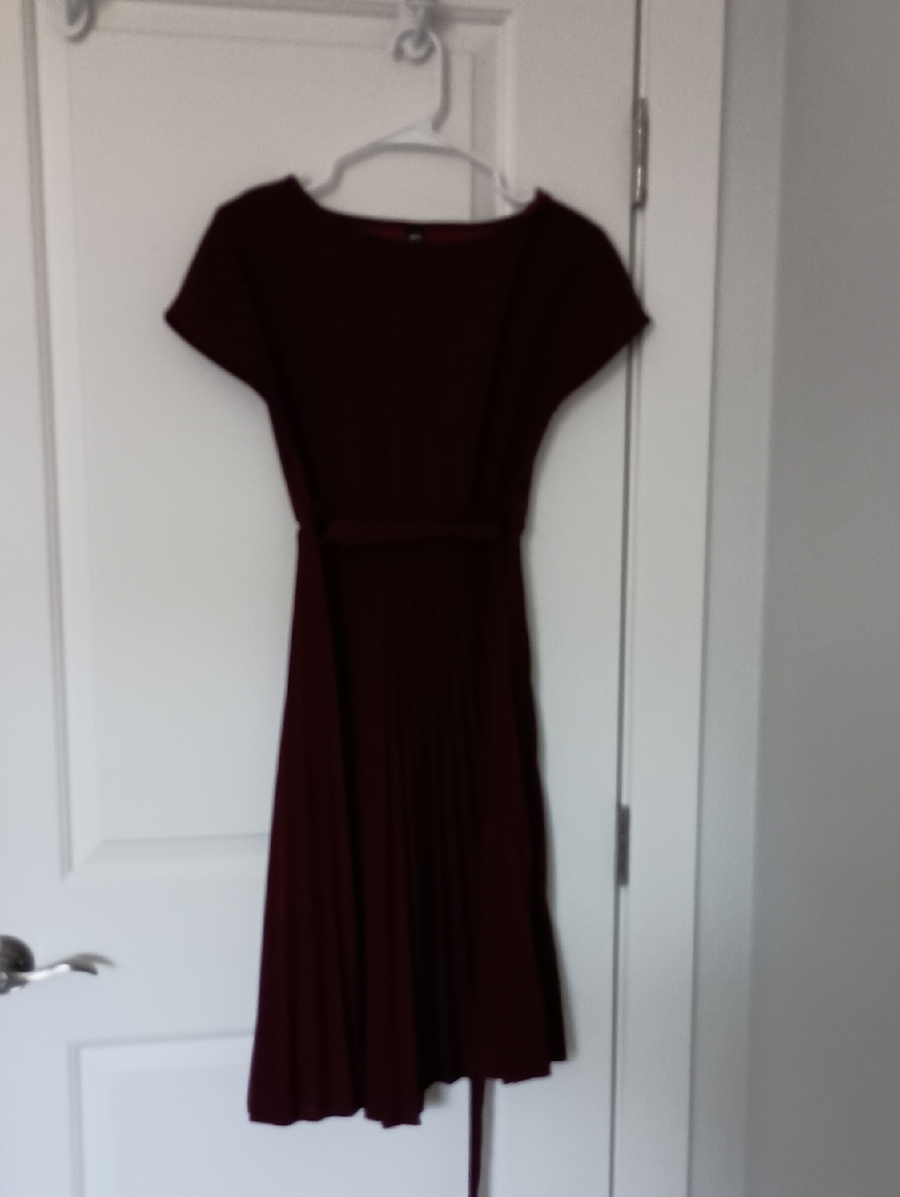 Pleated Midi Dress with Self-Tie Belt in Burgundy